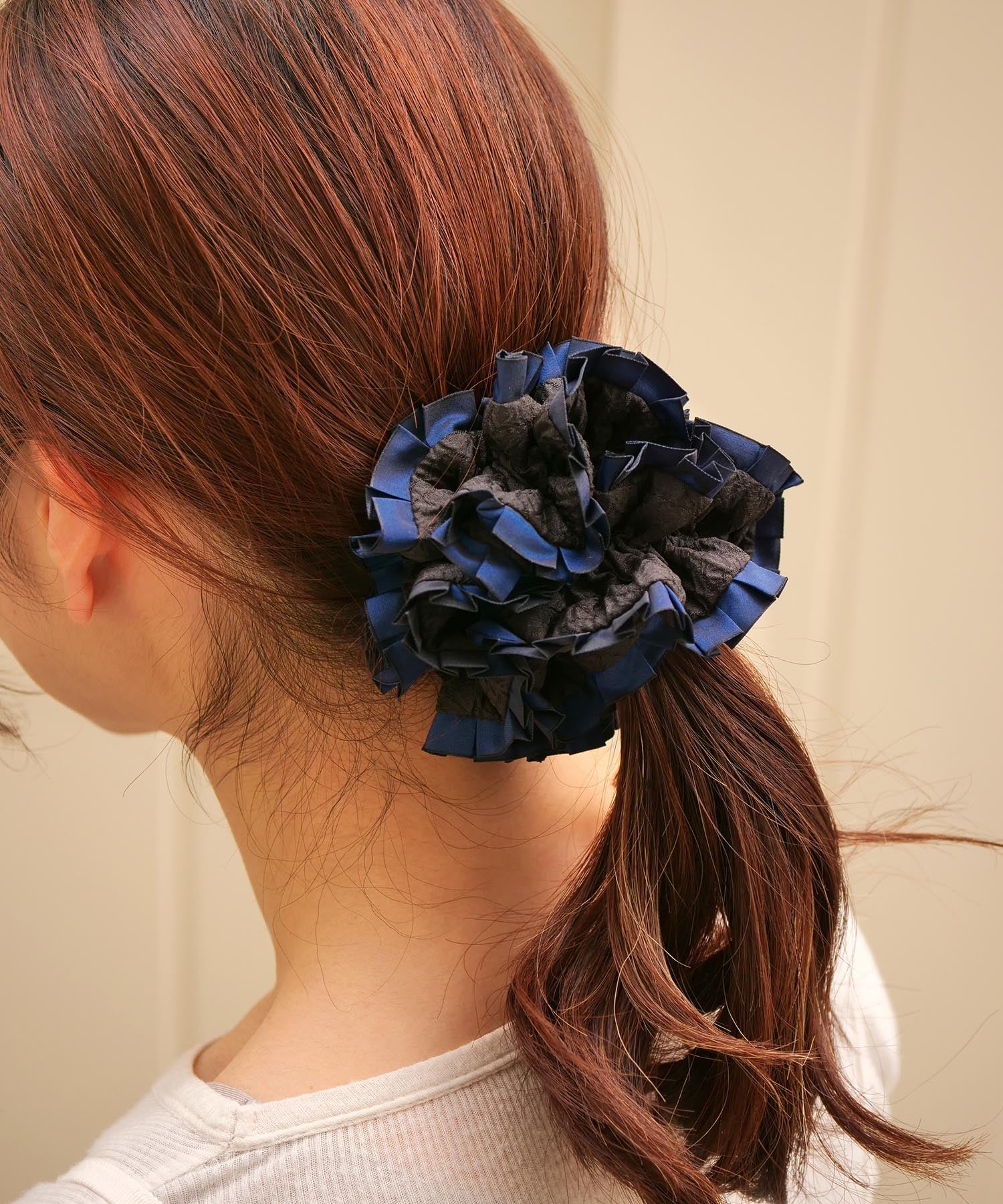 Plain Colorful Pleated Piping Scrunchie Blue