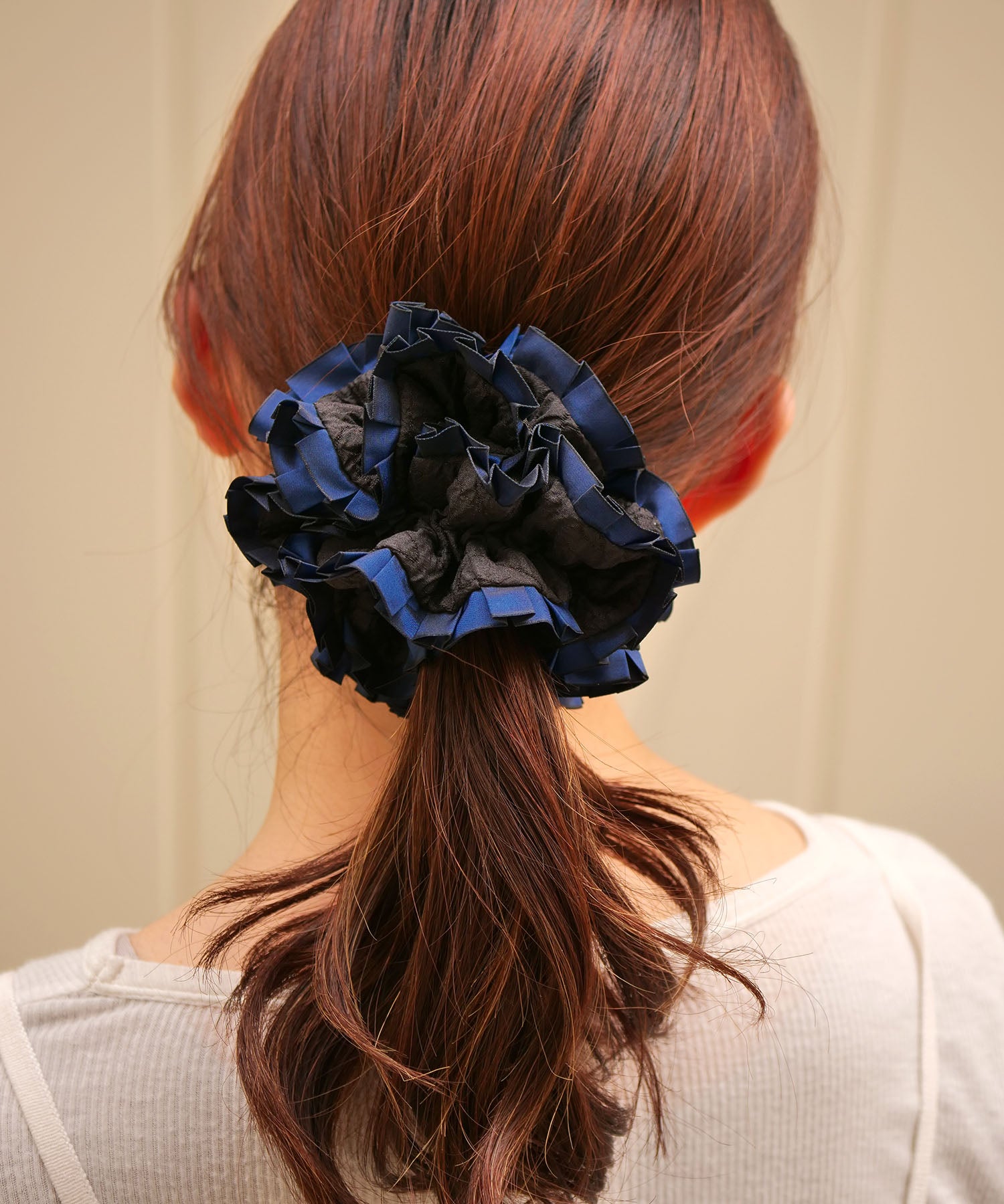 Plain Colorful Pleated Piping Scrunchie Blue