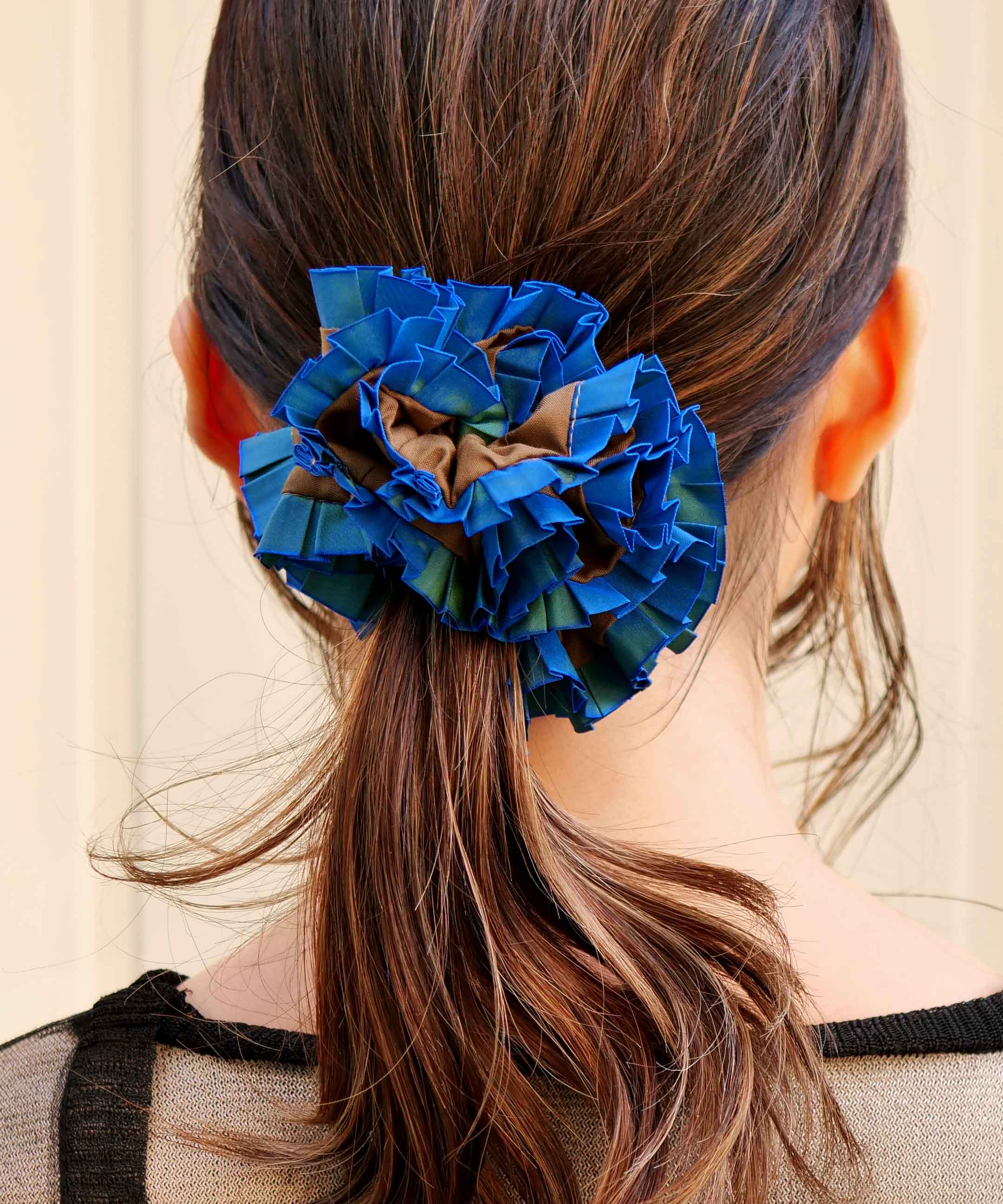 Plain Colorful Pleated Piping Scrunchie Blue