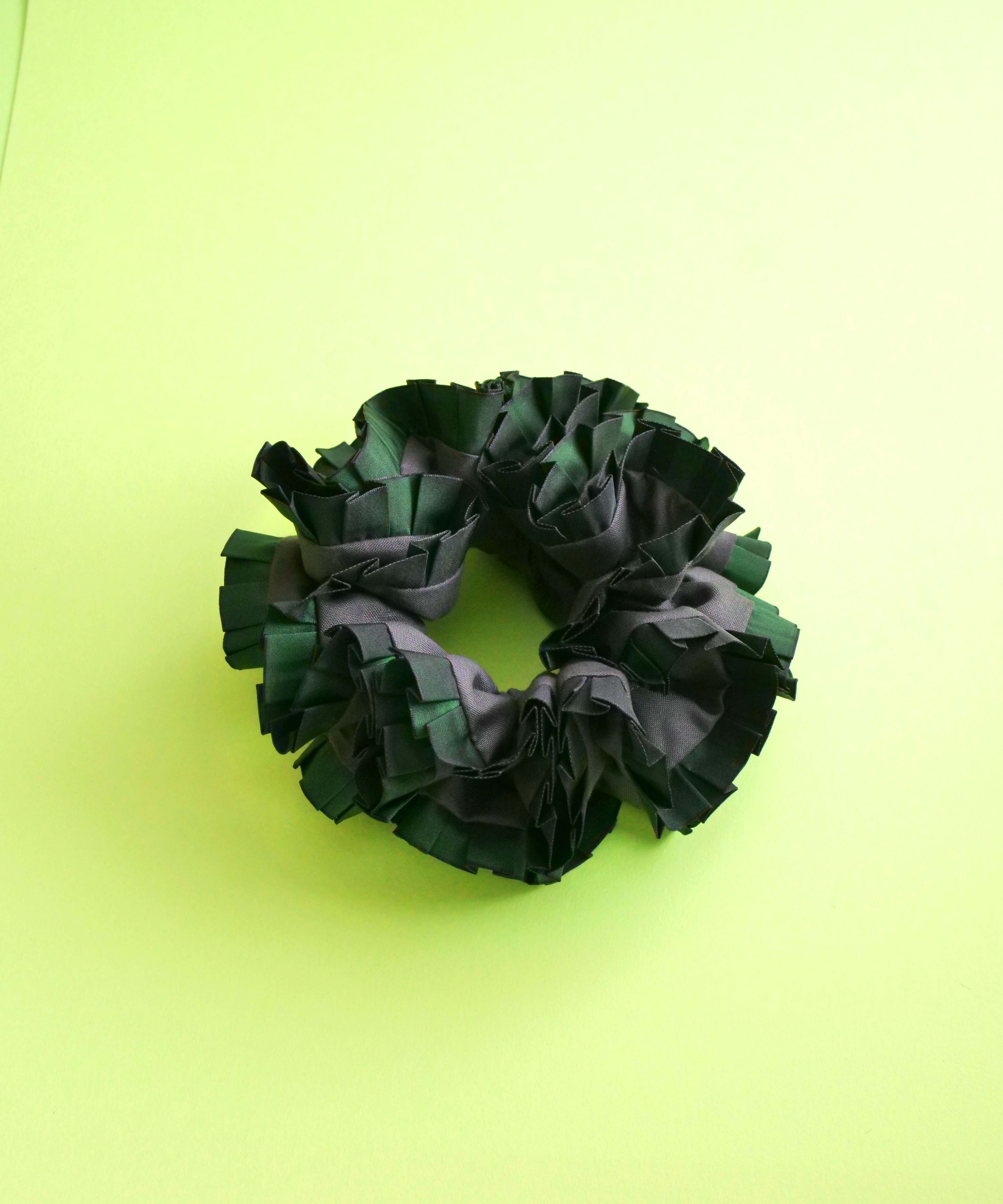 Plain Colorful Pleated Piping Scrunchie Green