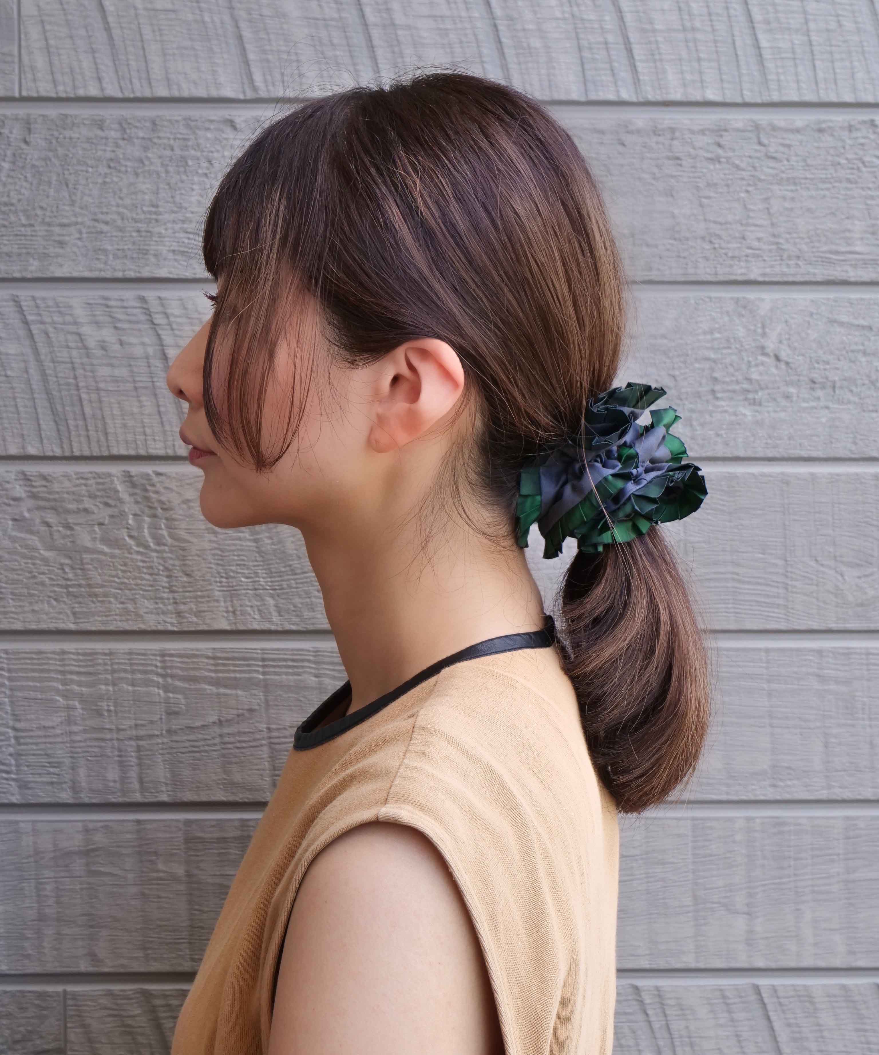 Plain Colorful Pleated Piping Scrunchie Green