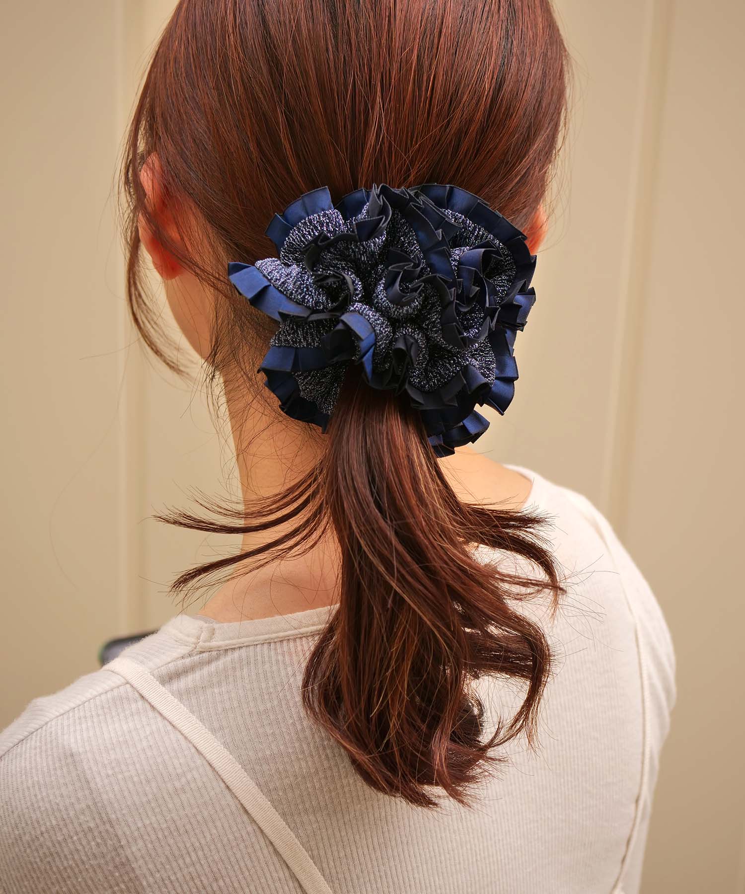 Plain Colorful Pleated Piping Scrunchie Blue