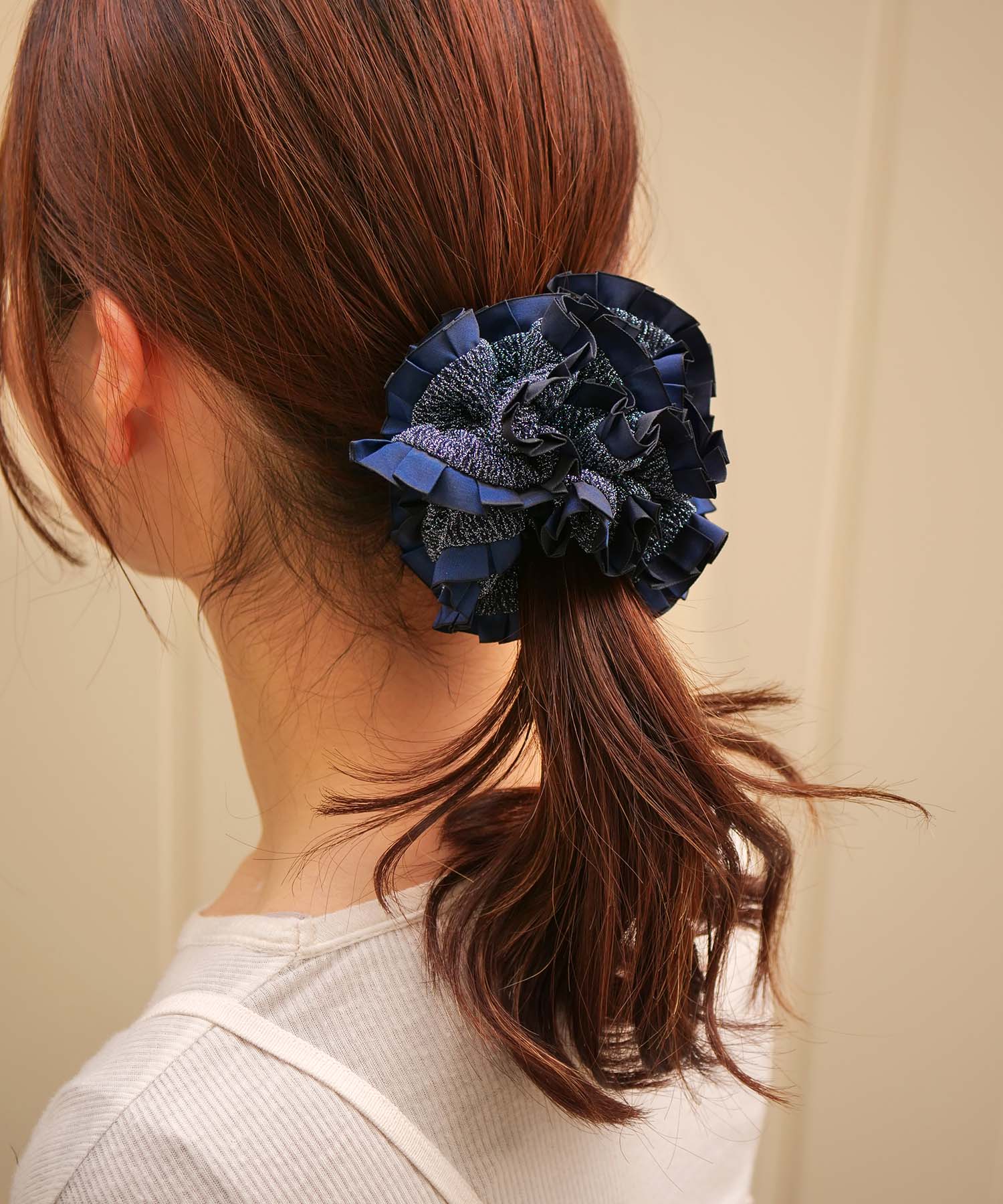 Plain Colorful Pleated Piping Scrunchie Blue