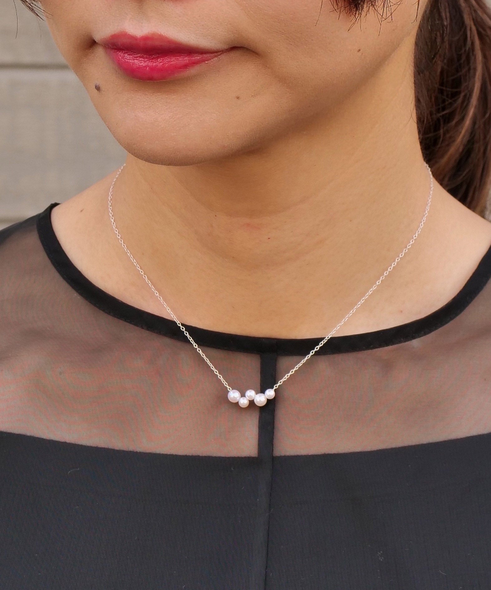 SV925 肥皂泡5颗珍珠项链 银色