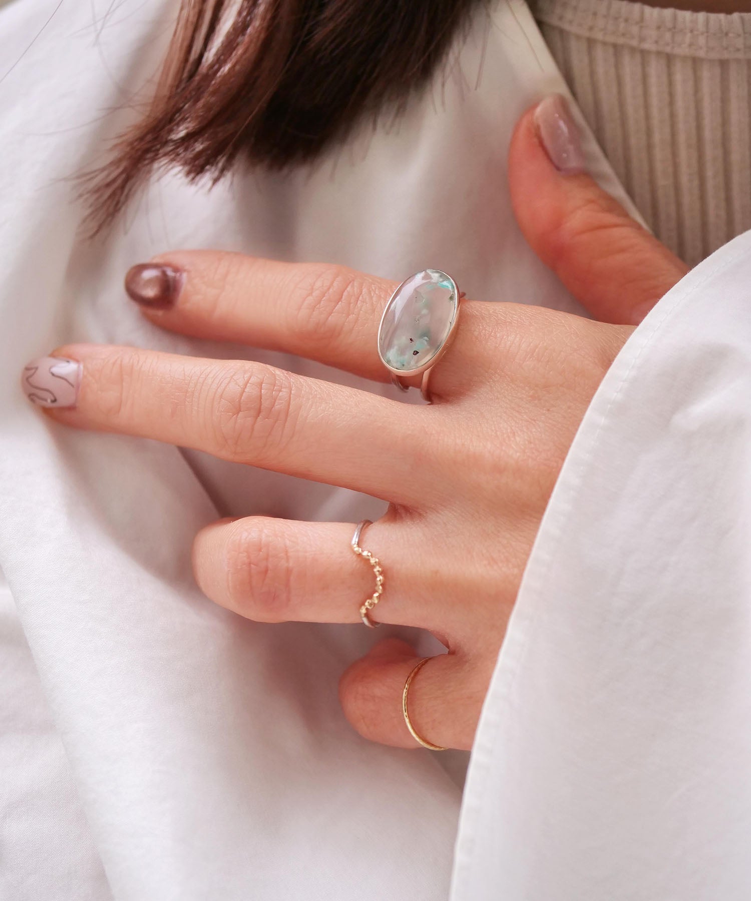 【1点限定】SV925ラクガキウェーブ天然石付2連リング クリソコラインカルセドニー