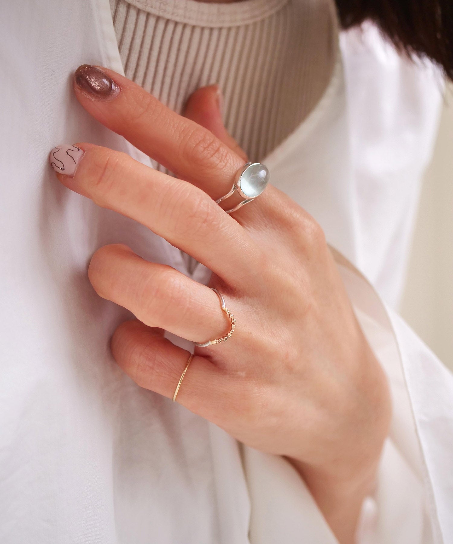 【1点限定】SV925ラクガキウェーブ天然石付2連リング ミルキーアクアマリン