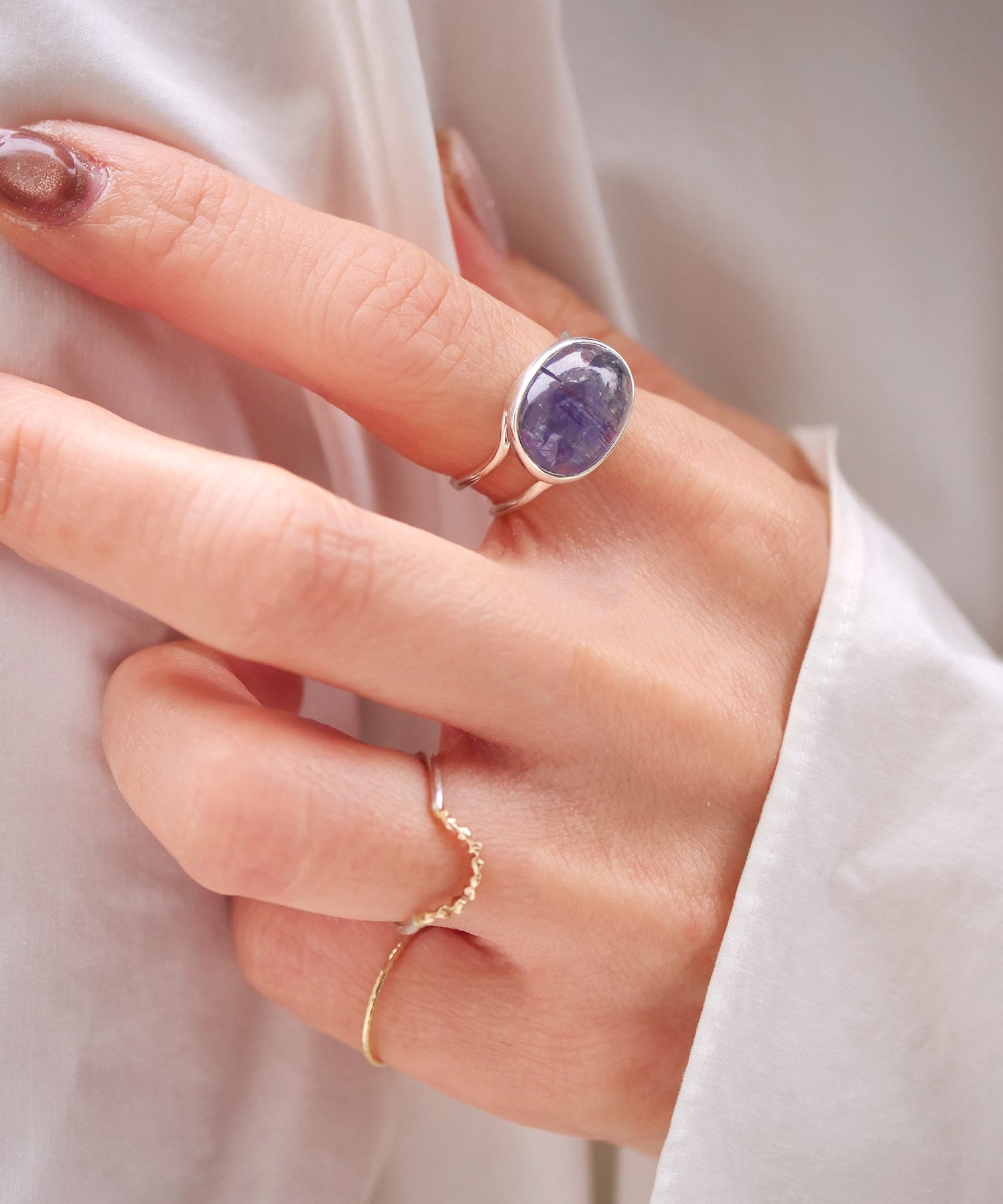 【1点限定】SV925ラクガキウェーブ天然石付2連リング バイカラータンザナイト