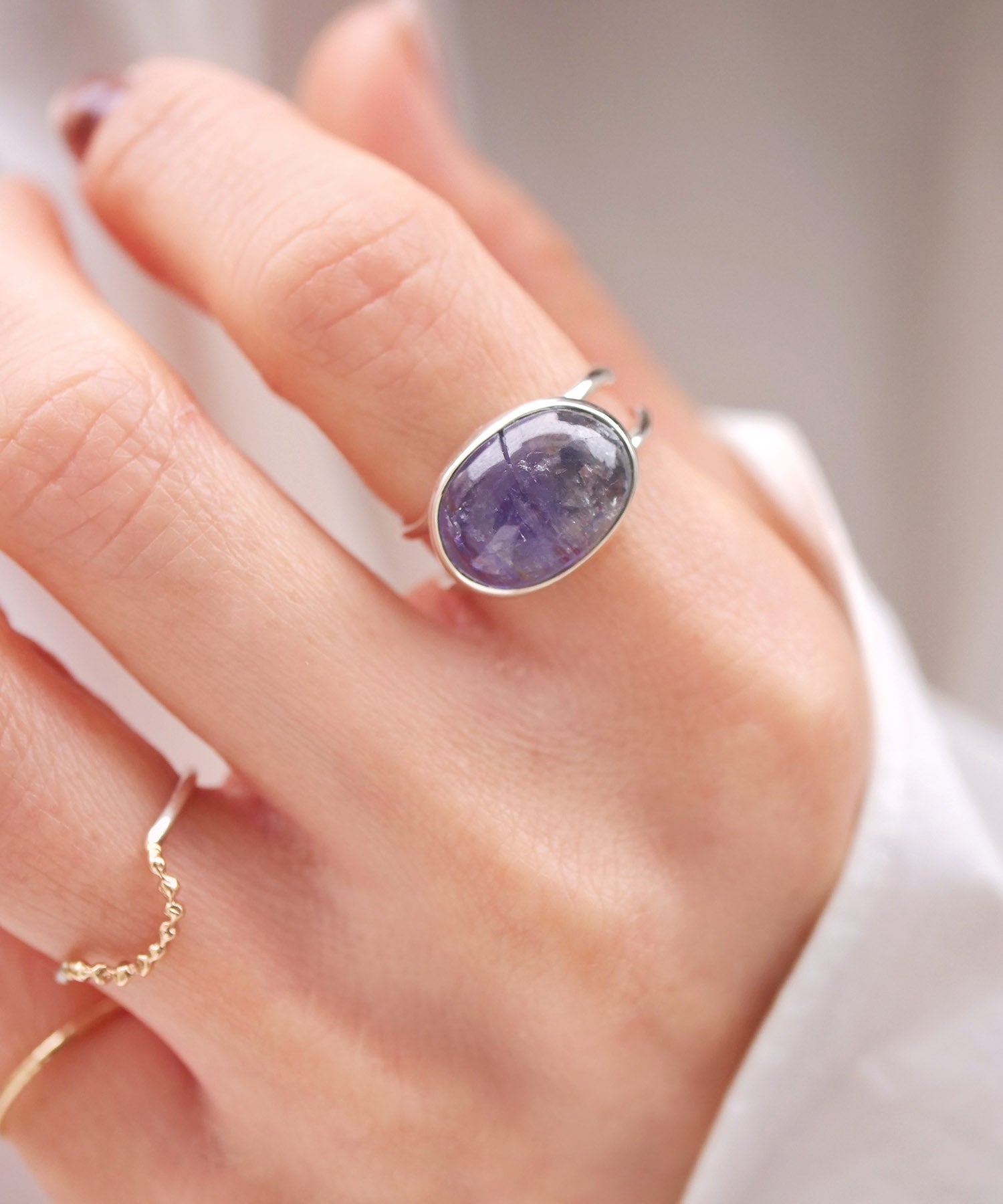 【1点限定】SV925ラクガキウェーブ天然石付2連リング バイカラータンザナイト