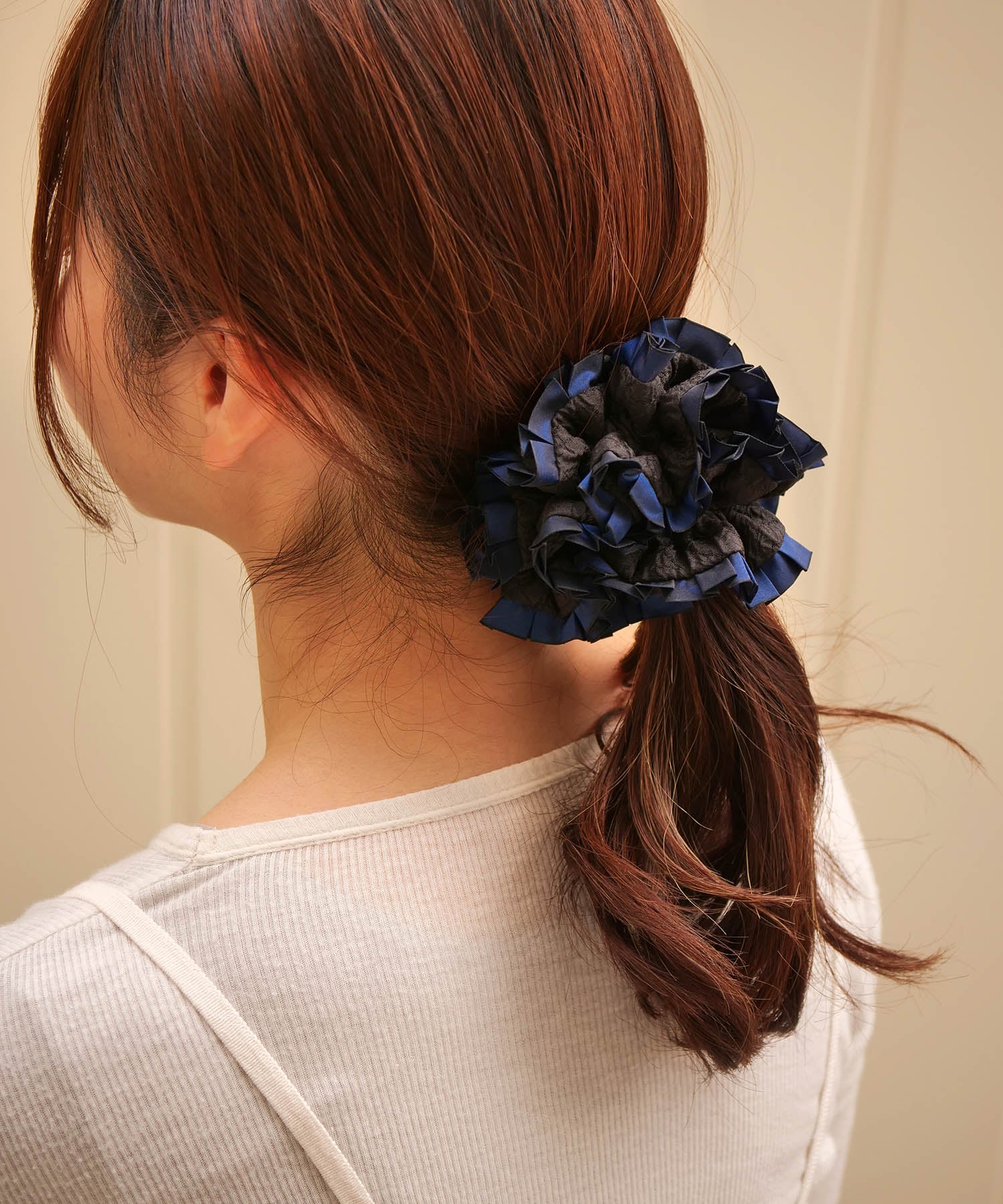 Plain Colorful Pleated Piping Scrunchie Blue 