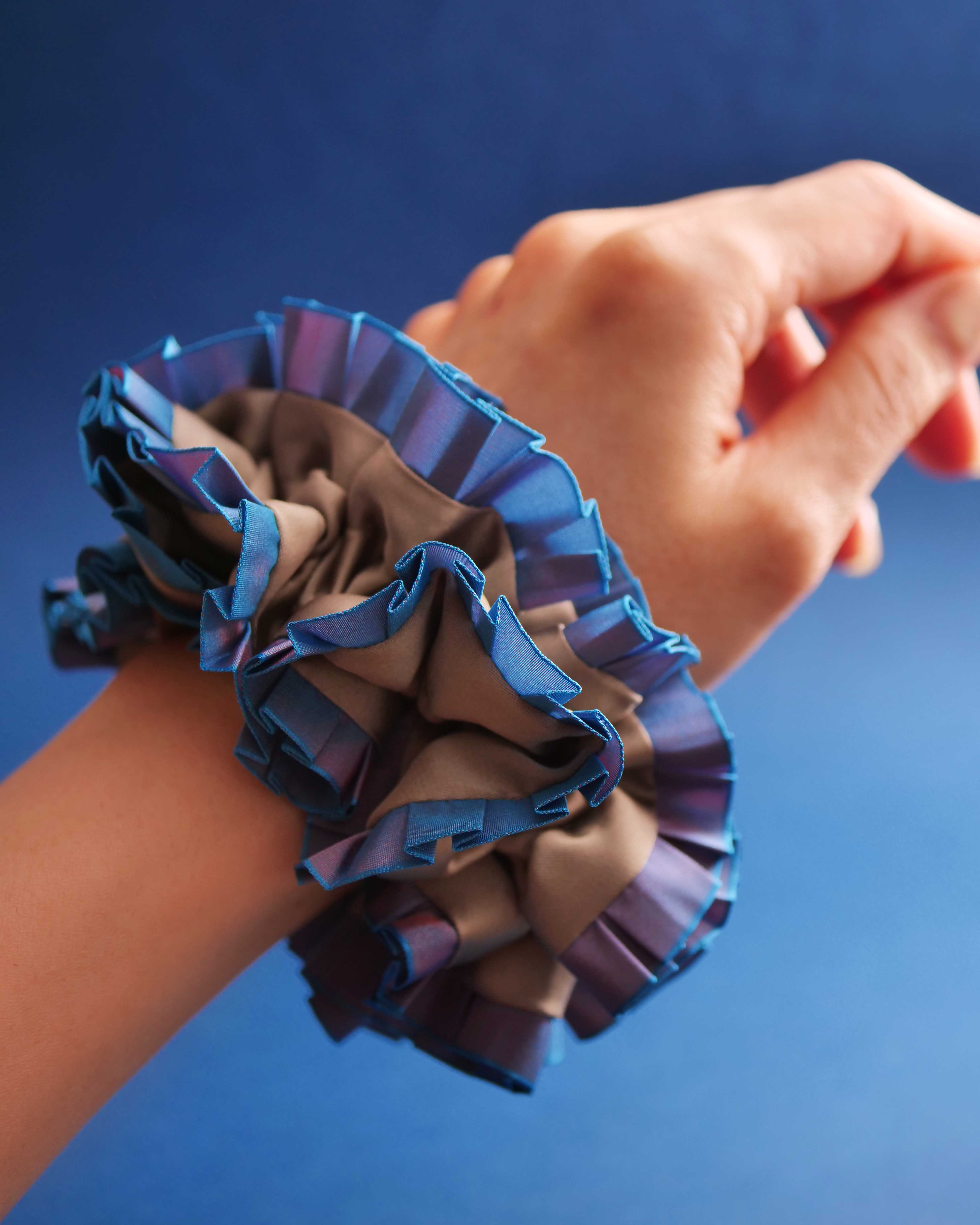Plain Colorful Pleated Piping Scrunchie Blue 