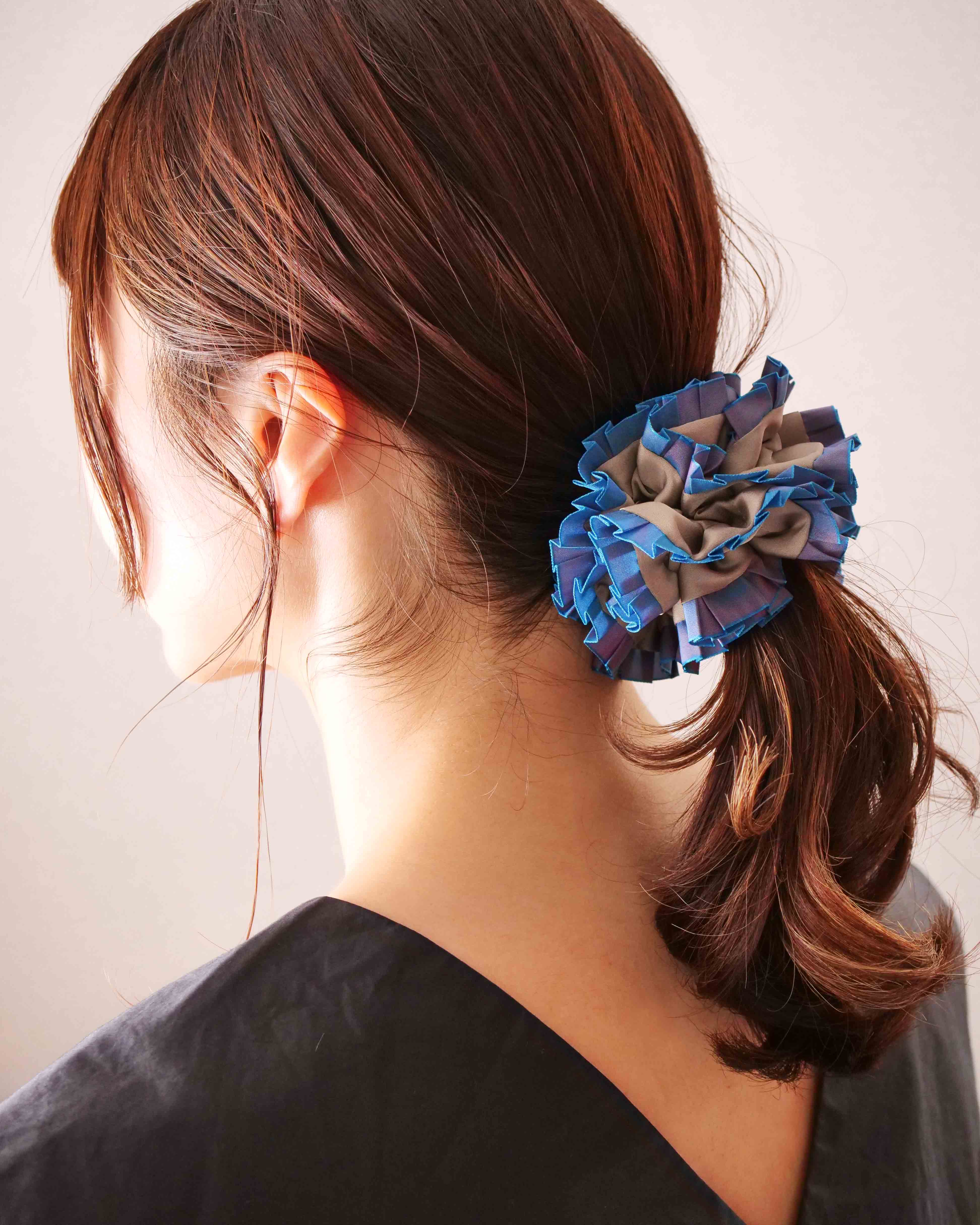 Plain Colorful Pleated Piping Scrunchie Blue 