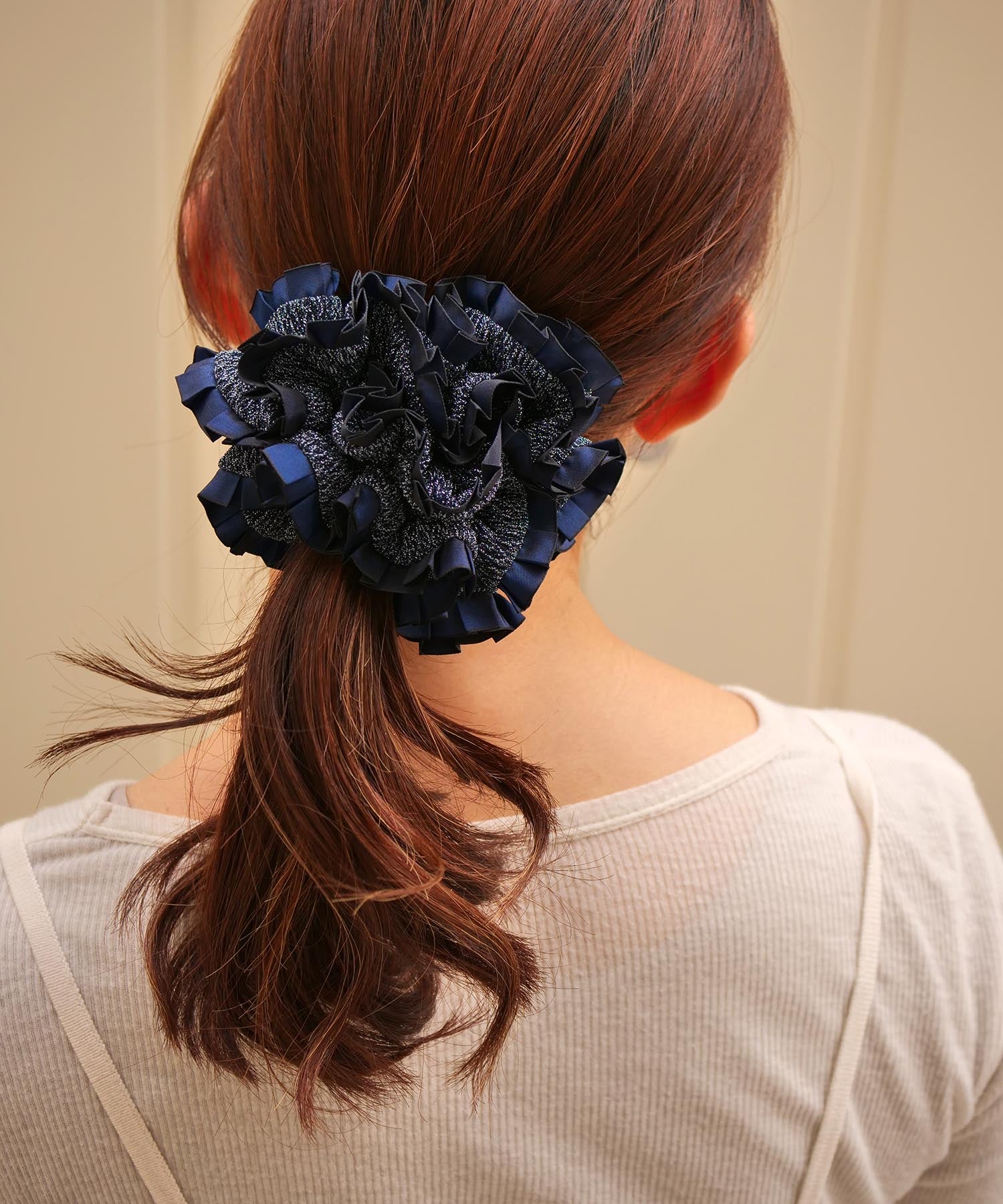 Plain Colorful Pleated Piping Scrunchie Blue 