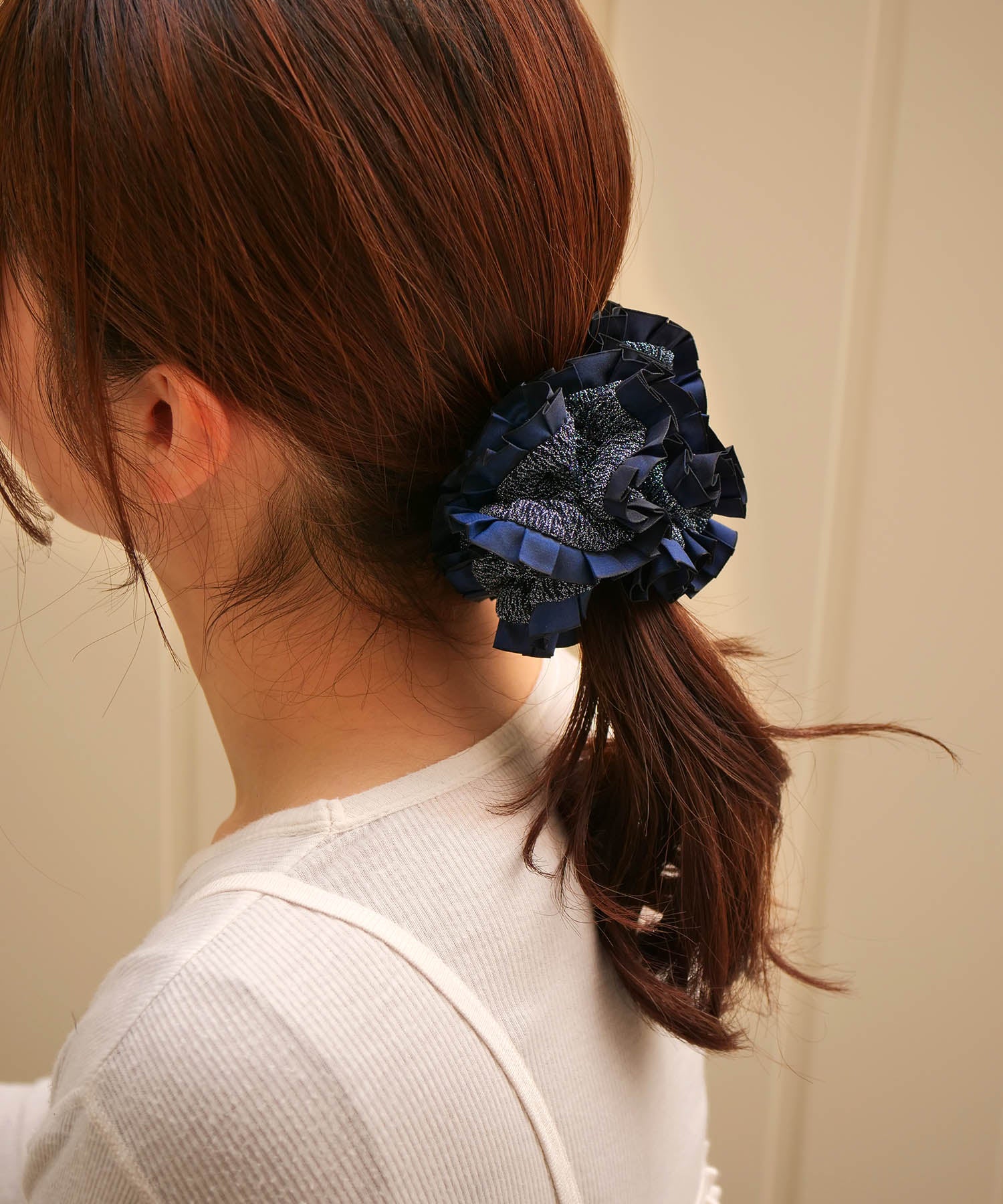 Plain Colorful Pleated Piping Scrunchie Blue 