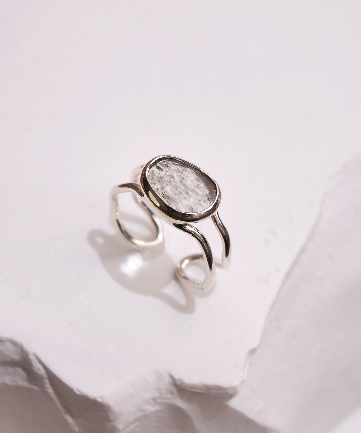 【1点限定】SV925ラクガキウェーブ天然石付2連リング モスアクアマリン