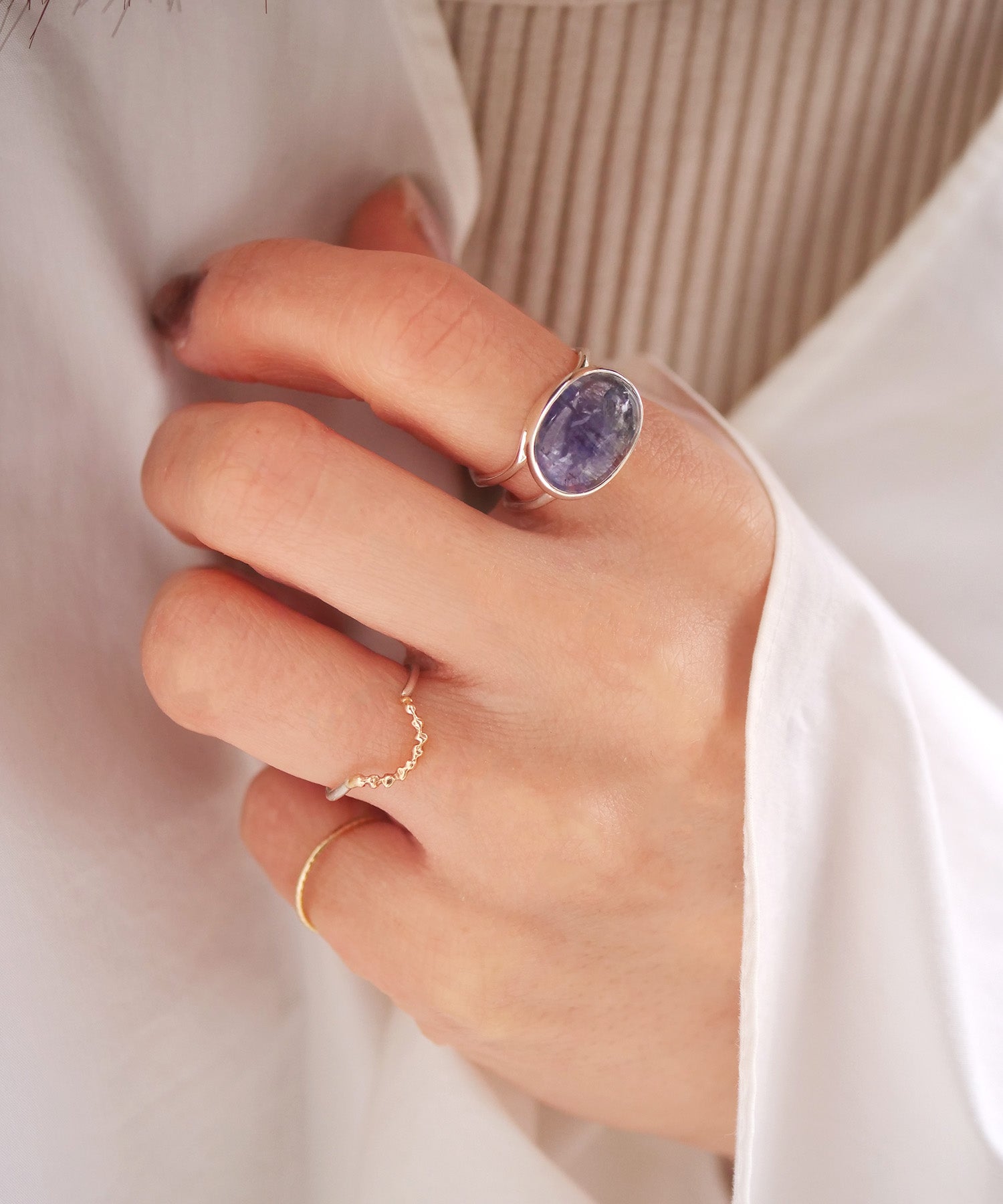 【1点限定】SV925ラクガキウェーブ天然石付2連リング バイカラータンザナイト