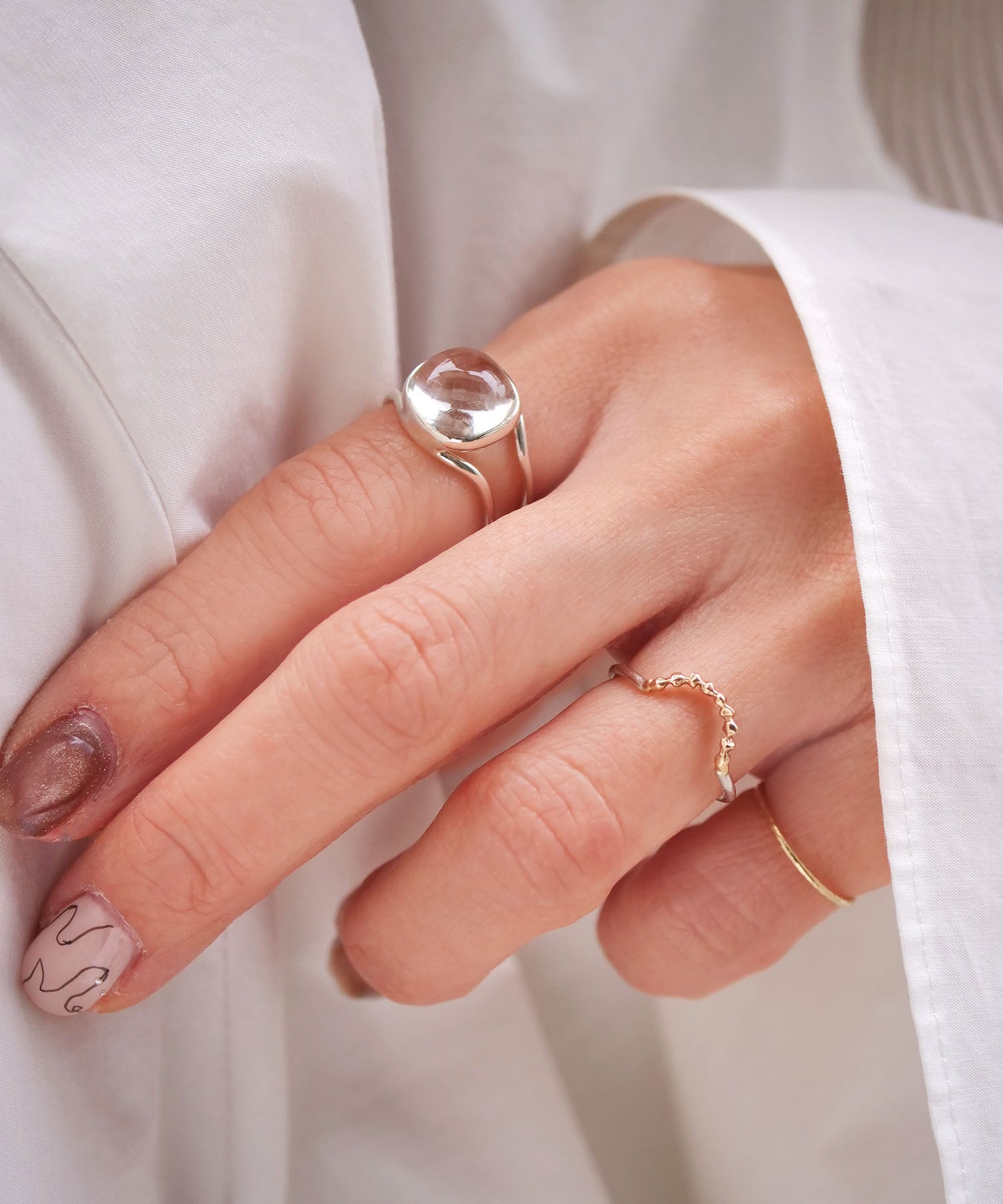 【1点限定】SV925ラクガキウェーブ天然石付2連リング グリーンクオーツ