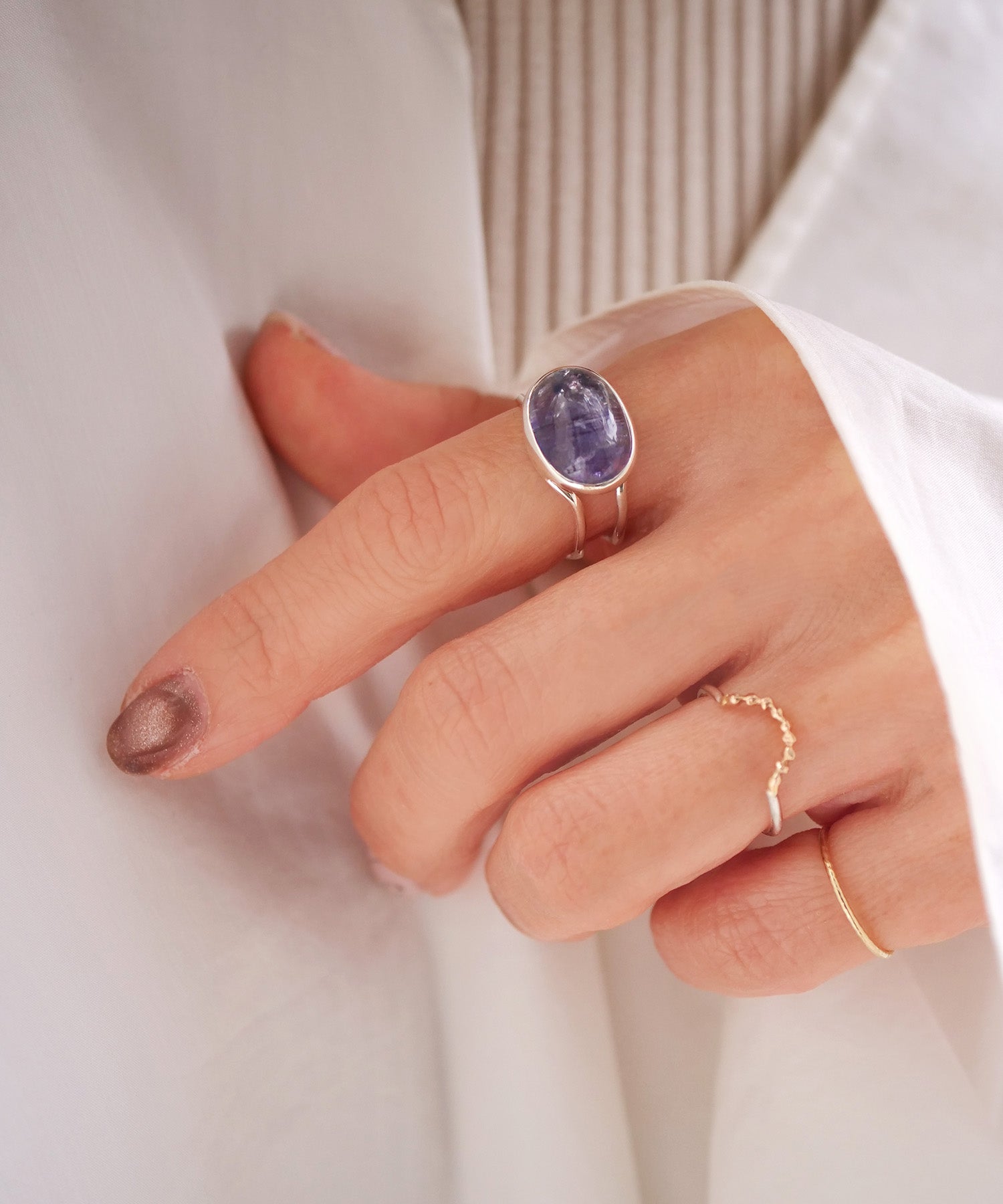 【1点限定】SV925ラクガキウェーブ天然石付2連リング バイカラータンザナイト