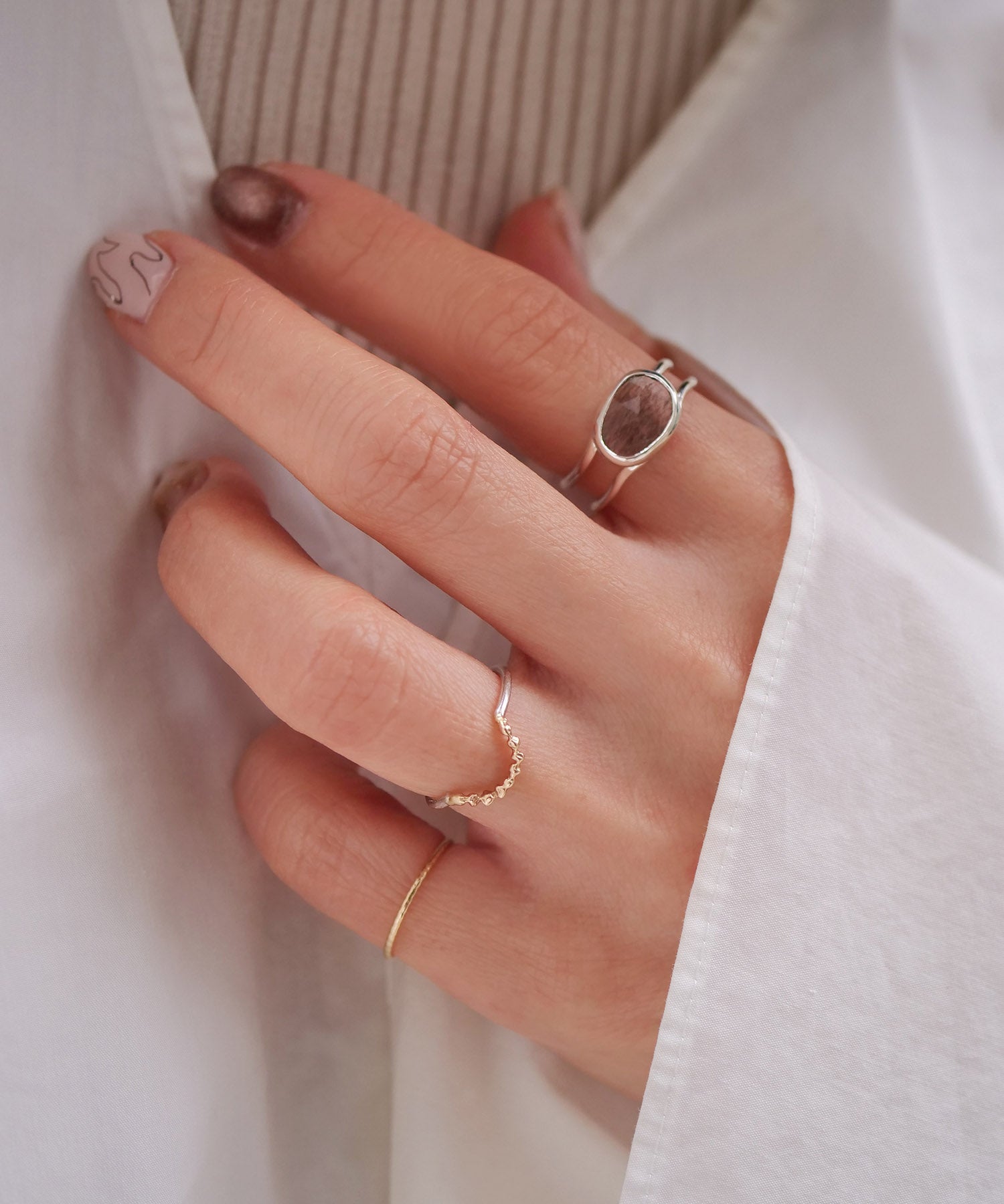 【1点限定】SV925ラクガキウェーブ天然石付2連リング モスアクアマリン