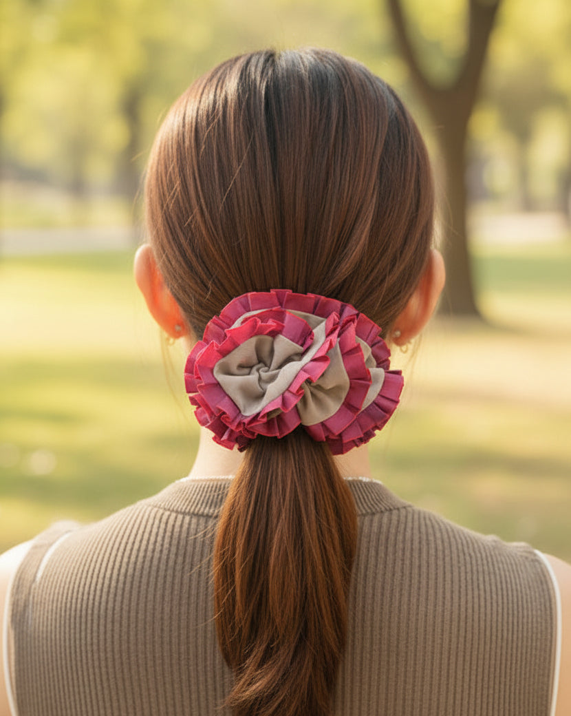 Plain Colorful Pleated Piping Scrunchie Blue 